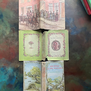 A Little Princess and The Secret Garden written by Frances Hodgson Burnett-A Wind in the Willows written by Kenneth Grahame-illustrated by Tasha Tudor-vintage children's classic books-view of the outside of the dust jackets showing their worn condtions