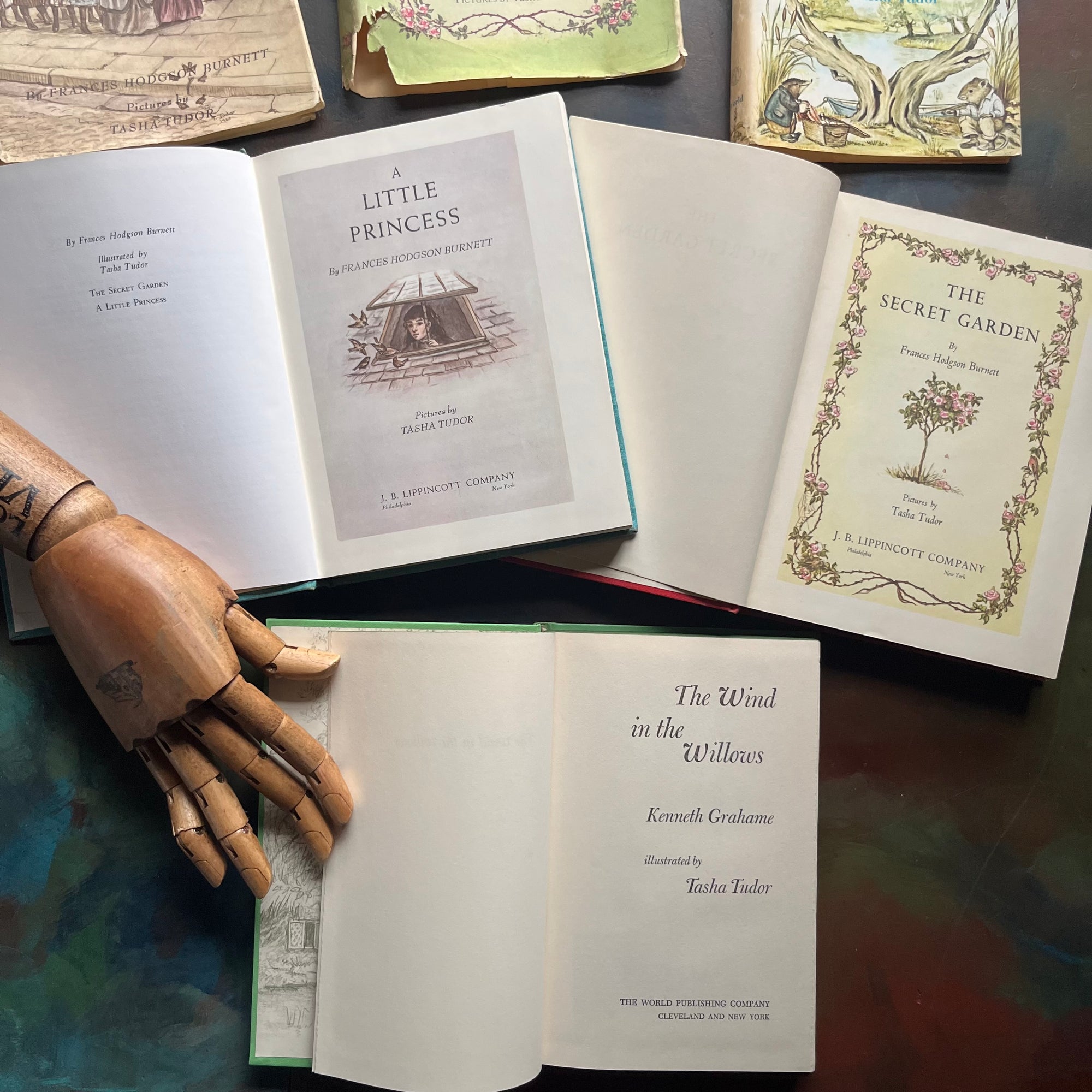 A Little Princess and The Secret Garden written by Frances Hodgson Burnett-A Wind in the Willows written by Kenneth Grahame-illustrated by Tasha Tudor-vintage children's classic books-view of the title pages