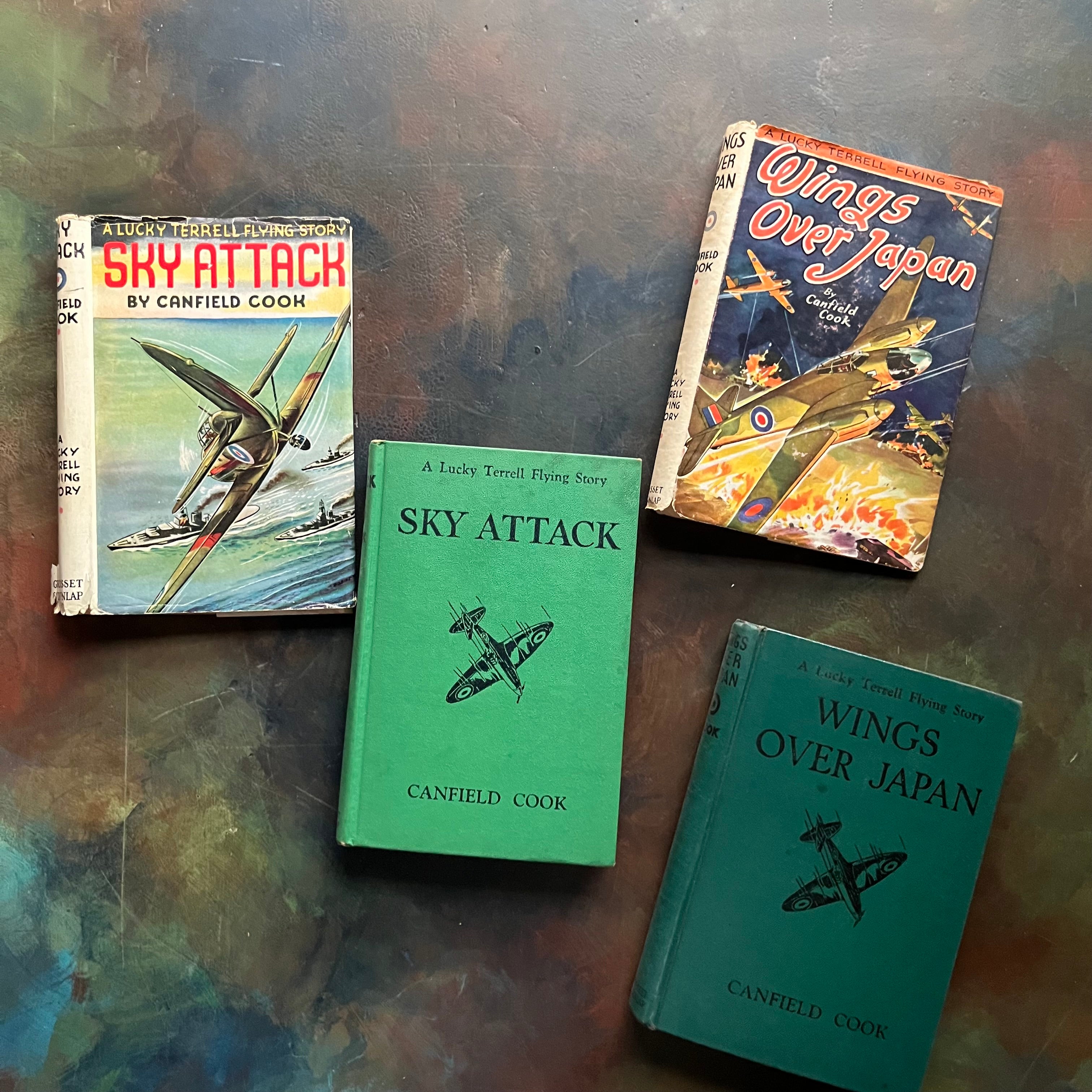 A Pair of Lucky Terrell Flying Stories-Sky Attack and Wings Over Japan-written by Canfield Cook-vintage airplane adventure books for boys-view of the front covers
