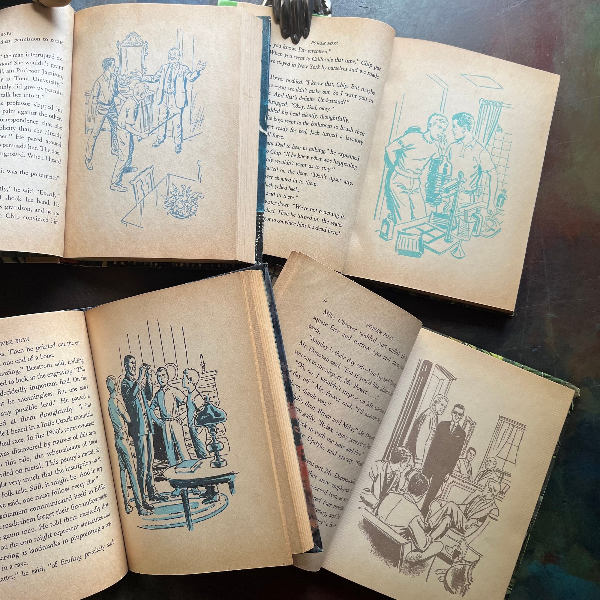 A Power Boys Adventure Book Set-children's mystery books written by Mel Lyle-Whitman Publishing Company chapter books for kids-1960s mystery books for boys-vintage chapter books for kids-view of the illustrations in blue and one in brown depicting scenes from each book