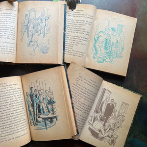 A Power Boys Adventure Book Set-children's mystery books written by Mel Lyle-Whitman Publishing Company chapter books for kids-1960s mystery books for boys-vintage chapter books for kids-view of the illustrations in blue and one in brown depicting scenes from each book