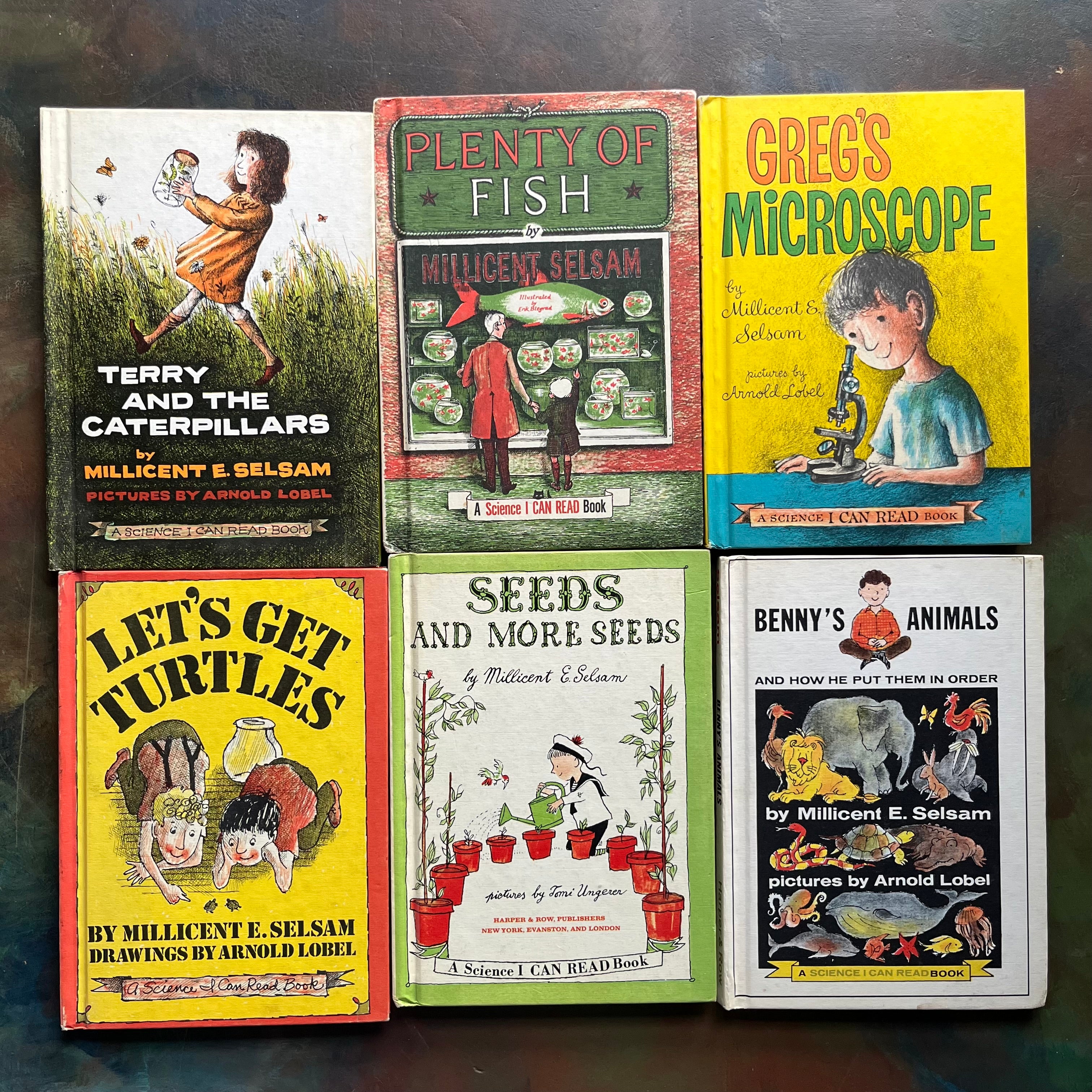 A Science I Can Read Book Set written by Millicent E. Selsam-Arnold Lobel-vintage picture books-Terry and the Caterpillars-Plenty of Fish-Greg's Microscope-Let's Get Turtles-Seeds and More Seeds-Benny's Animals-view of the front covers with illustrations from each book depicted on the covers