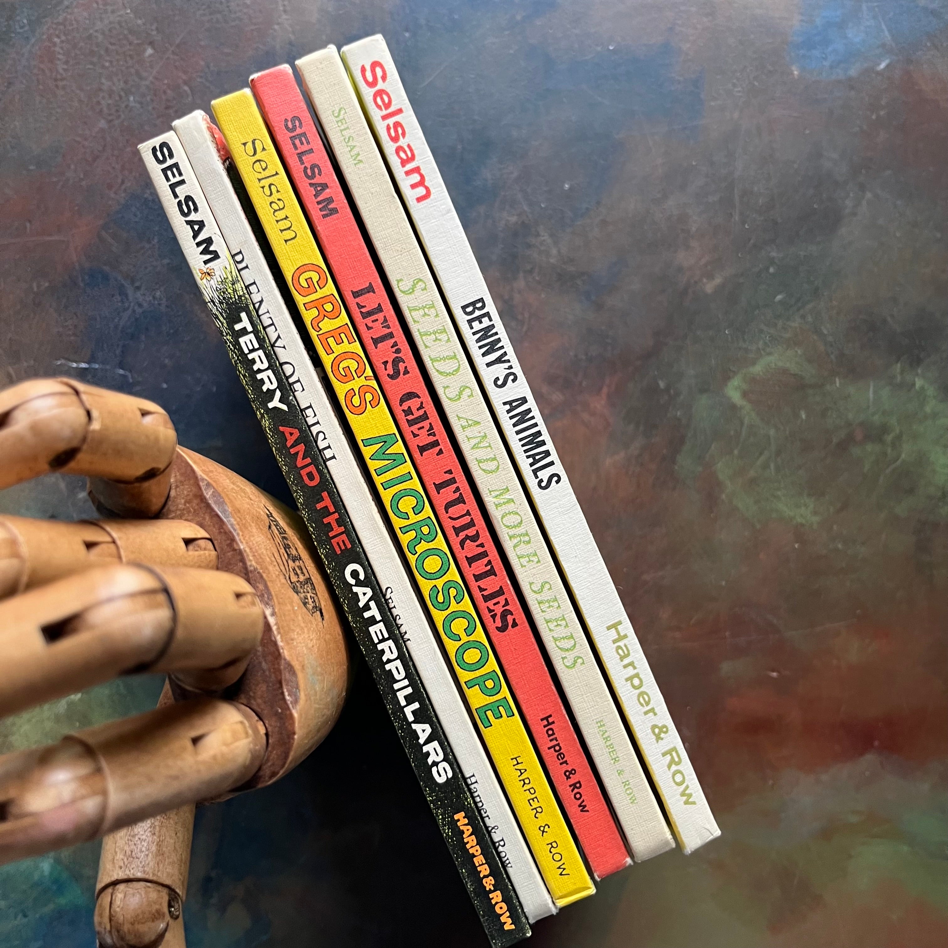 A Science I Can Read Book Set written by Millicent E. Selsam-Arnold Lobel-vintage picture books-Terry and the Caterpillars-Plenty of Fish-Greg's Microscope-Let's Get Turtles-Seeds and More Seeds-Benny's Animals-view of the spines