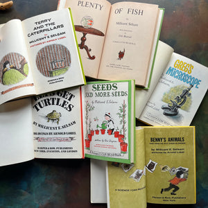 A Science I Can Read Book Set written by Millicent E. Selsam-Arnold Lobel-vintage picture books-Terry and the Caterpillars-Plenty of Fish-Greg's Microscope-Let's Get Turtles-Seeds and More Seeds-Benny's Animals-view of the title pages
