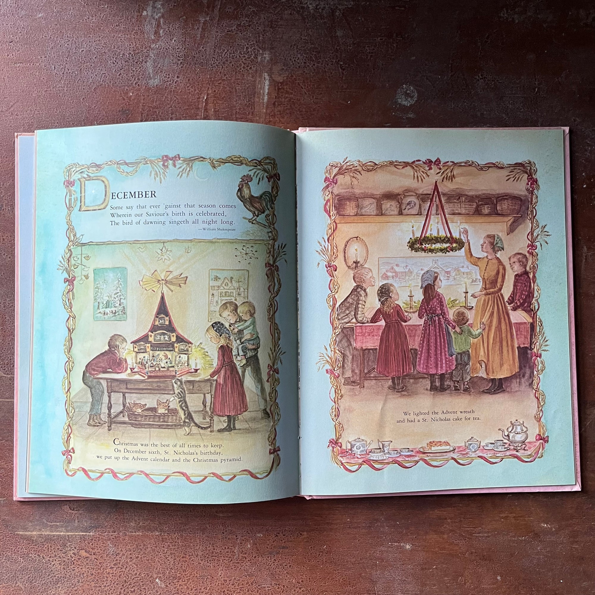 vintage children's picture book - A Time to Keep The Tasha Tudor Book of Holidays written and illustrated by Tasha Tudor - view of the illustrations for the page about December