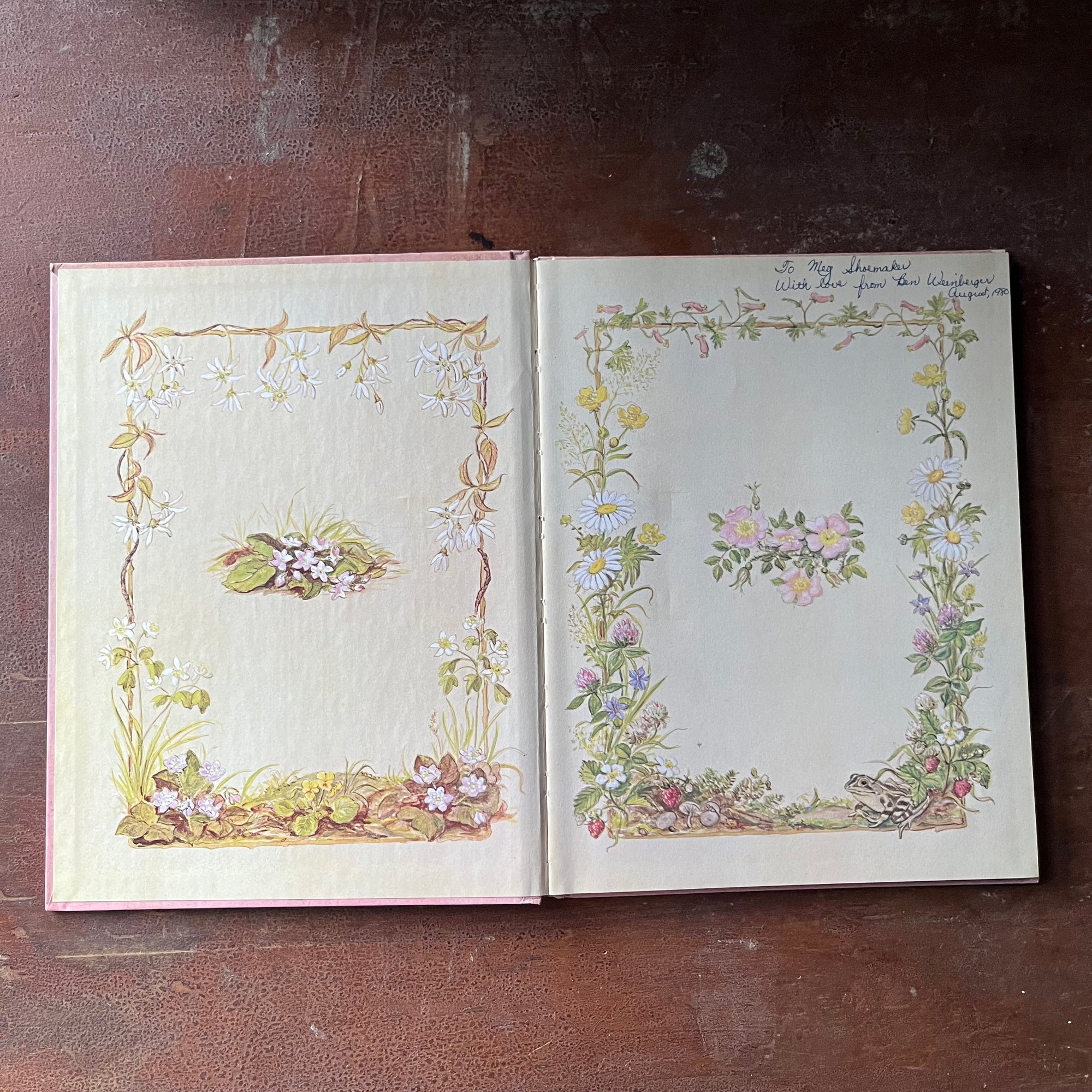 vintage children's picture book - A Time to Keep The Tasha Tudor Book of Holidays written and illustrated by Tasha Tudor - view of the inside cover with an inscription on the top right hand corner written in ink