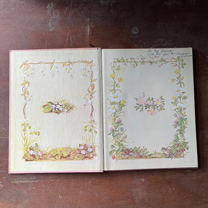 vintage children's picture book - A Time to Keep The Tasha Tudor Book of Holidays written and illustrated by Tasha Tudor - view of the inside cover with an inscription on the top right hand corner written in ink