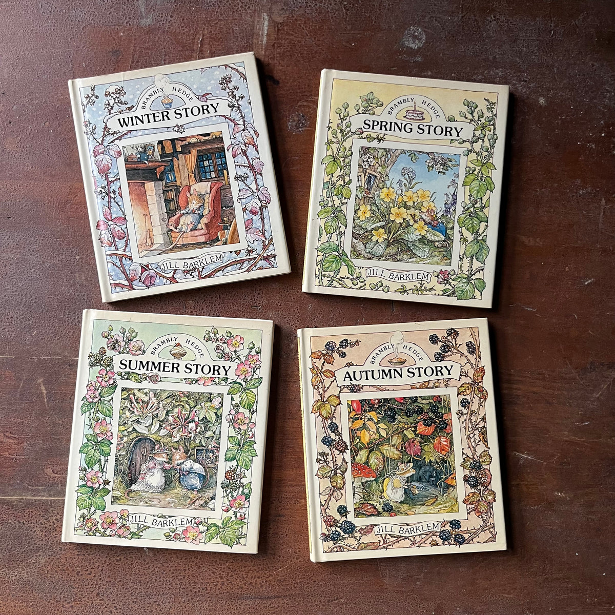vintage children's short stories, vintage picture books - A Year in Brambly Hedge Book Set stories and illustrations by Jill Barklem-Spring Story, Summer Story, Autumn Story & Winter Story - view of the dust jackets front covers