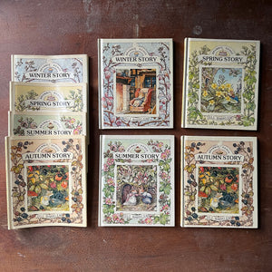 vintage children's short stories, vintage picture books - A Year in Brambly Hedge Book Set stories and illustrations by Jill Barklem-Spring Story, Summer Story, Autumn Story & Winter Story - view of the title pages