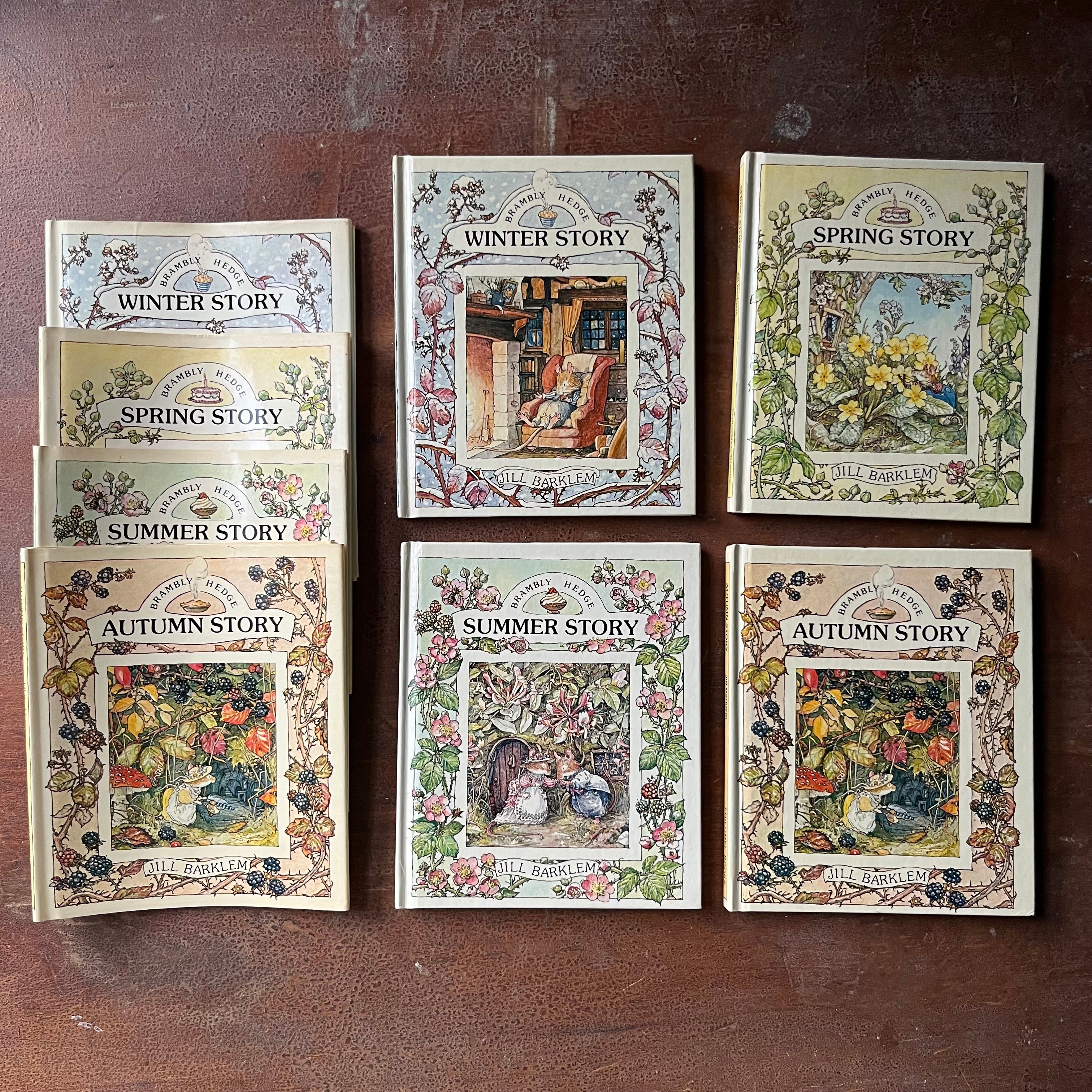 vintage children's short stories, vintage picture books - A Year in Brambly Hedge Book Set stories and illustrations by Jill Barklem-Spring Story, Summer Story, Autumn Story & Winter Story - view of the title pages