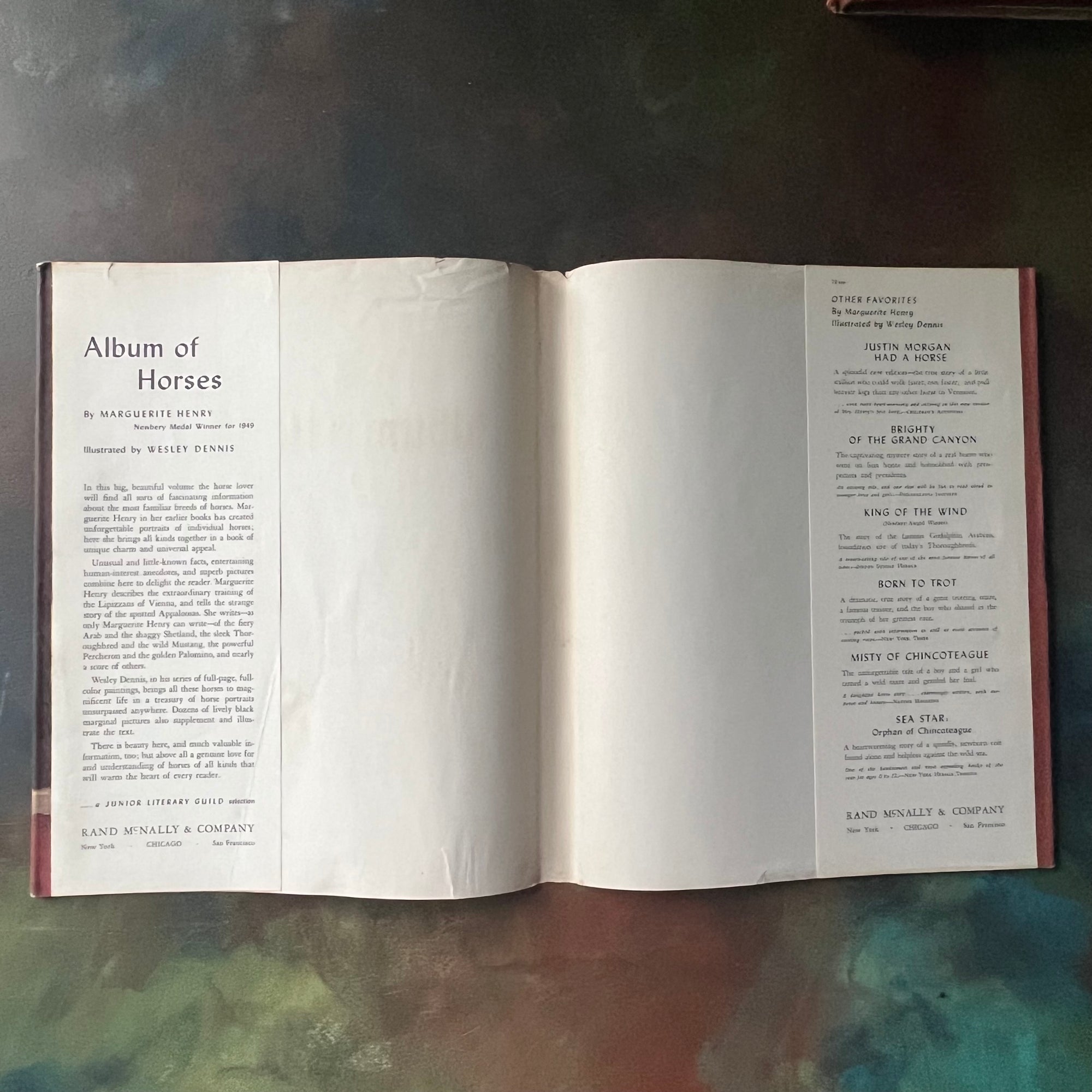 Album of Horses and White Stallion of Lipizza by Marguerite Henry-illustrated by Wesley Dennis-vintage horse books for kids-view of the dust jacket's inside flaps