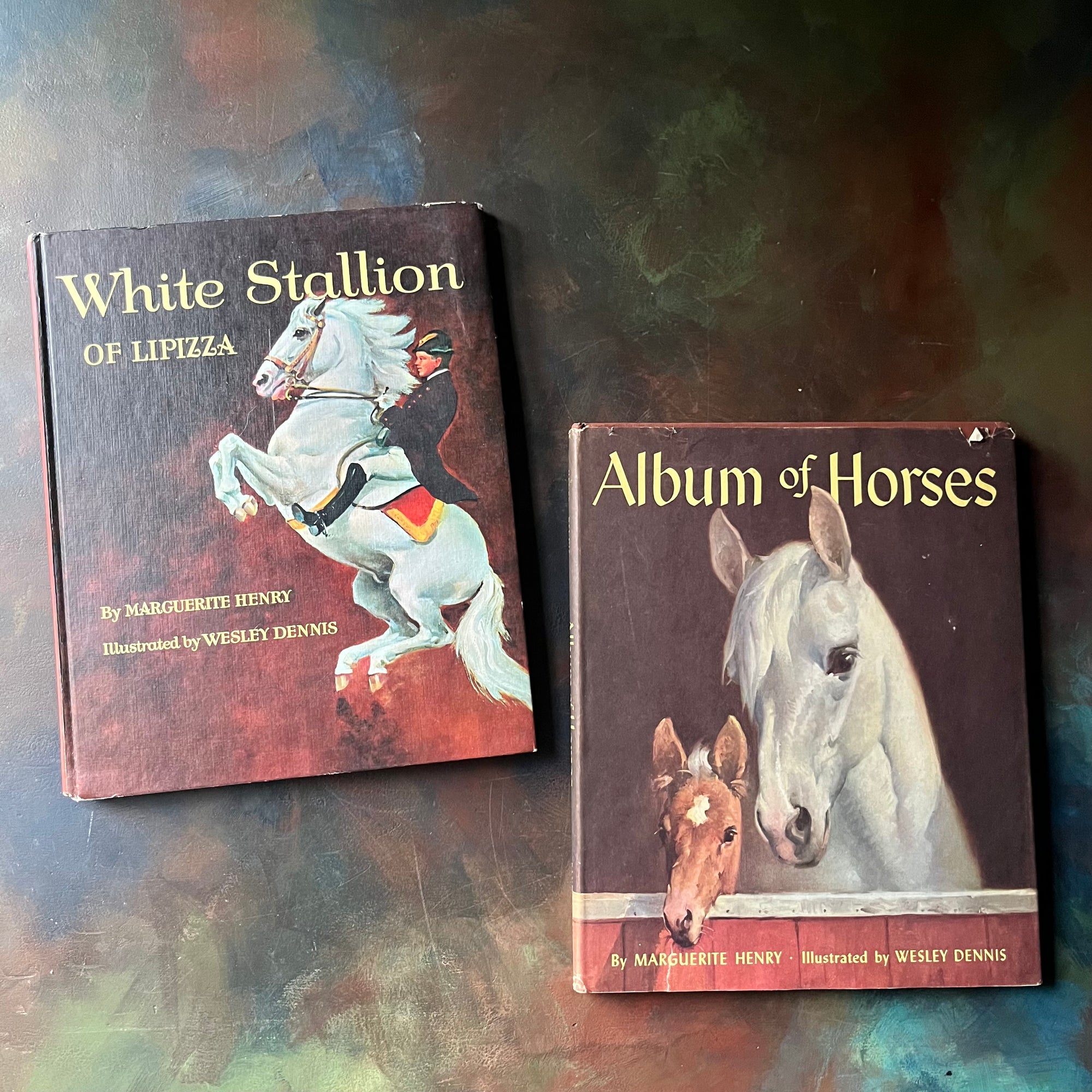 Album of Horses and White Stallion of Lipizza by Marguerite Henry-illustrated by Wesley Dennis-vintage horse books for kids-view of the front covers with dust jacket on Album of Horses
