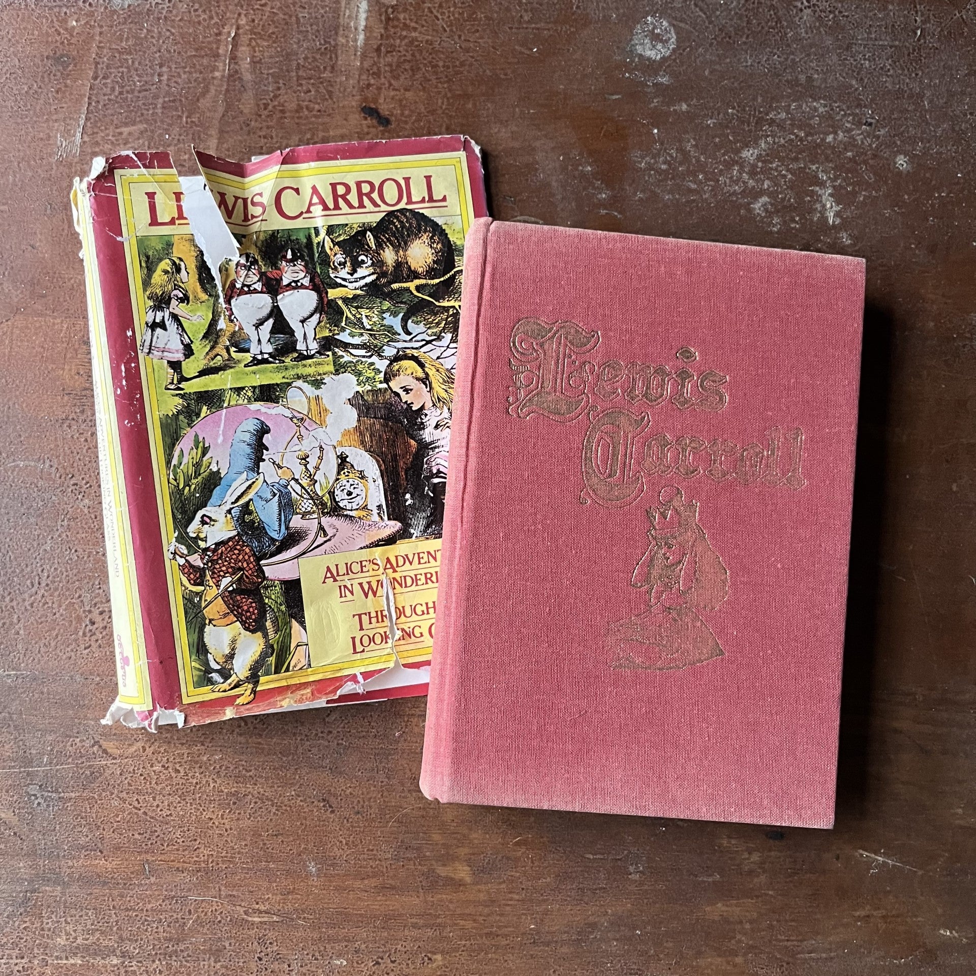 vintage children's chapter books - Alice's Adventures in Wonderland & Through the Looking Glass written by Lewis Carroll with illustrations by John Tenniel - view of the front cover