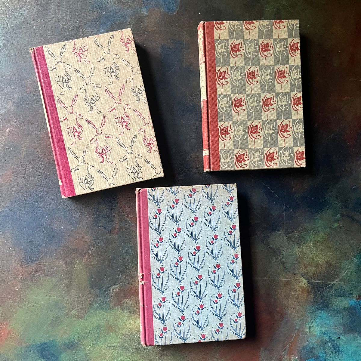 Illustrated Junior Library Editions Book Set: Alice in Wonderland and Through the Looking Glass, Hans Brinker or the Silver Skates, and Five Little Peppers and How They Grew-classic children's literature book set-view of the front covers