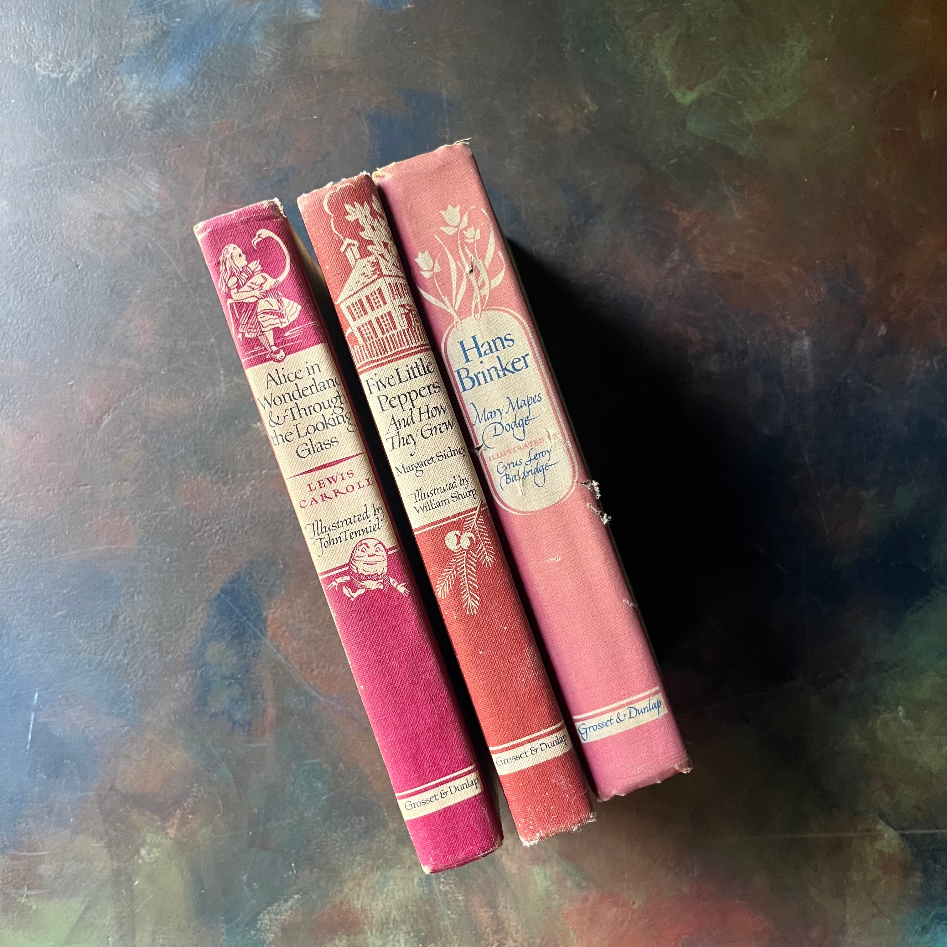 Illustrated Junior Library Editions Book Set: Alice in Wonderland and Through the Looking Glass, Hans Brinker or the Silver Skates, and Five Little Peppers and How They Grew-classic children's literature book set-view of the spines