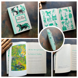A collage of Junior Deluxe Edition books showing the cover, inside cover, spine, title page and copyright page of the book All the Mowgli Stories by Rudyard Kipling - vintage children's classic literature books-collectible children's books-rainbow book spines