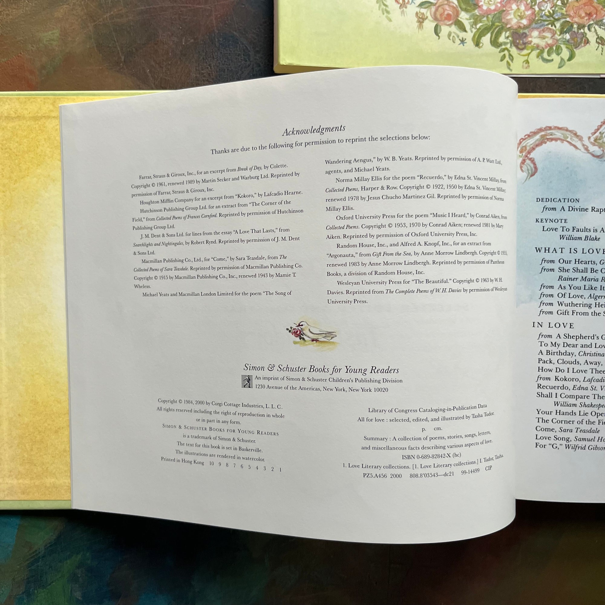 All for Love Selected by Tasha Tudor-Tasha Tudor Collection-vintage poetry for children-vintage short stories-view of the copyright information & acknowledgments 