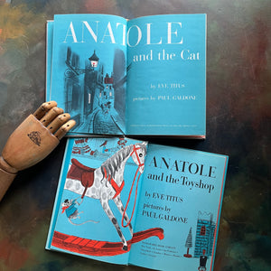 Anatole books written by Eve Titus with illustrations by Paul Galdone-Anatole and the Toyshop and Anatole and the Cat-vintage children's picture books-weekly reader books-view of the title pages