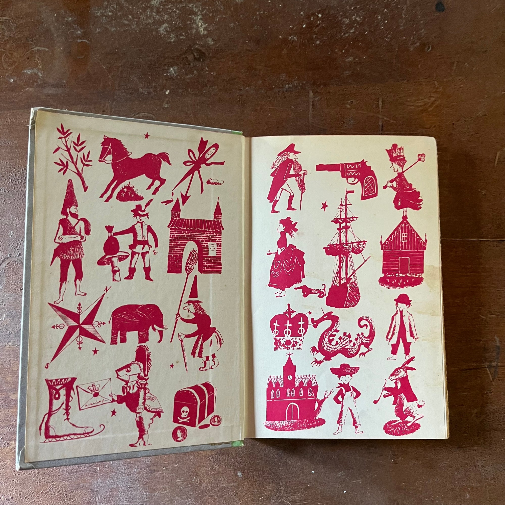 vintage children's chapter book - Andersen's Fairy Tales-A Junior Deluxe Editions Book - view of the inside cover with the iconic design found in most of the Junior Deluxe Editions books - this one in pink