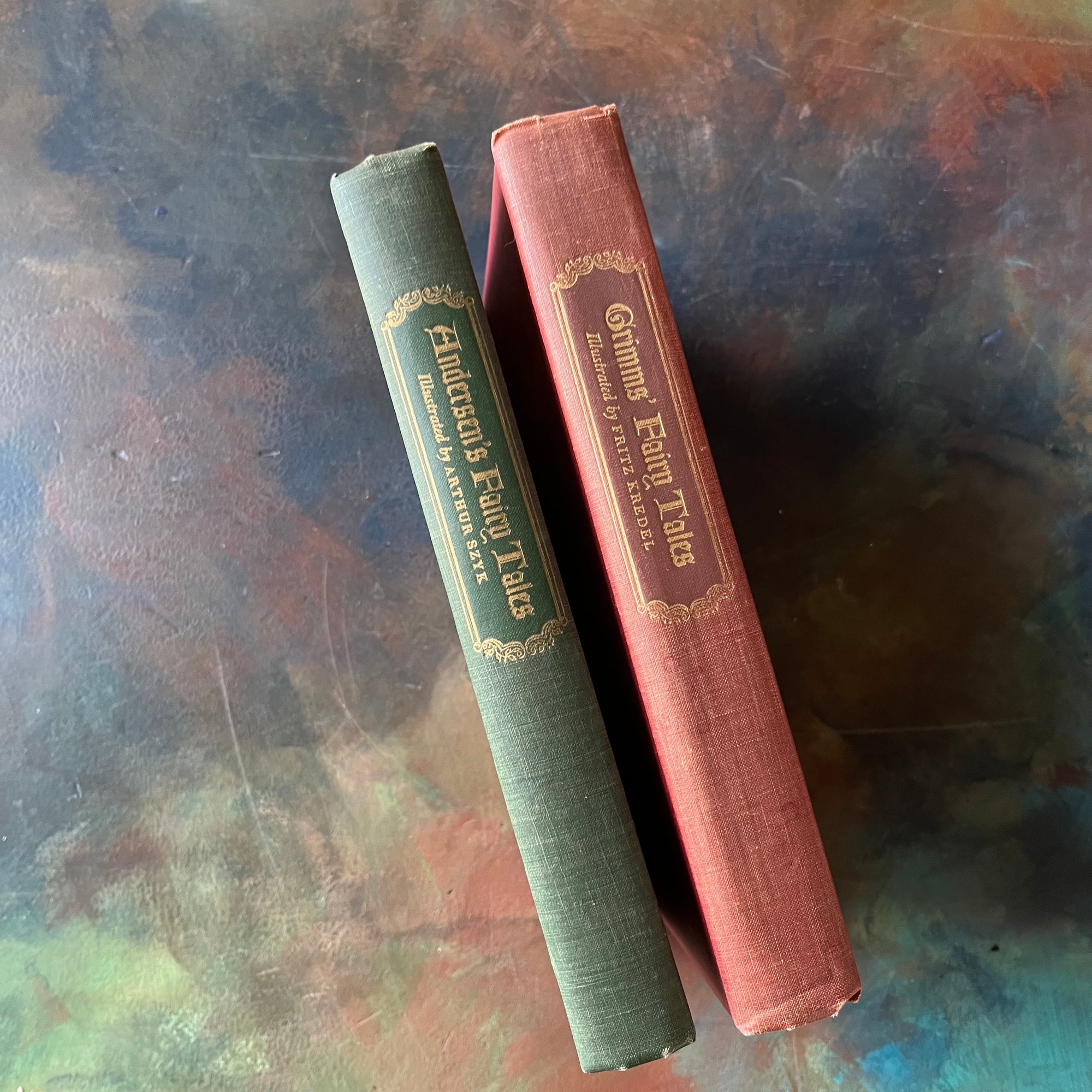 Andersen's Fairy Tales-Grimm Fairy Tales-1945 Grosset & Dunlap-vintage children's fiction-antique fairy tales for sale-view of the spines