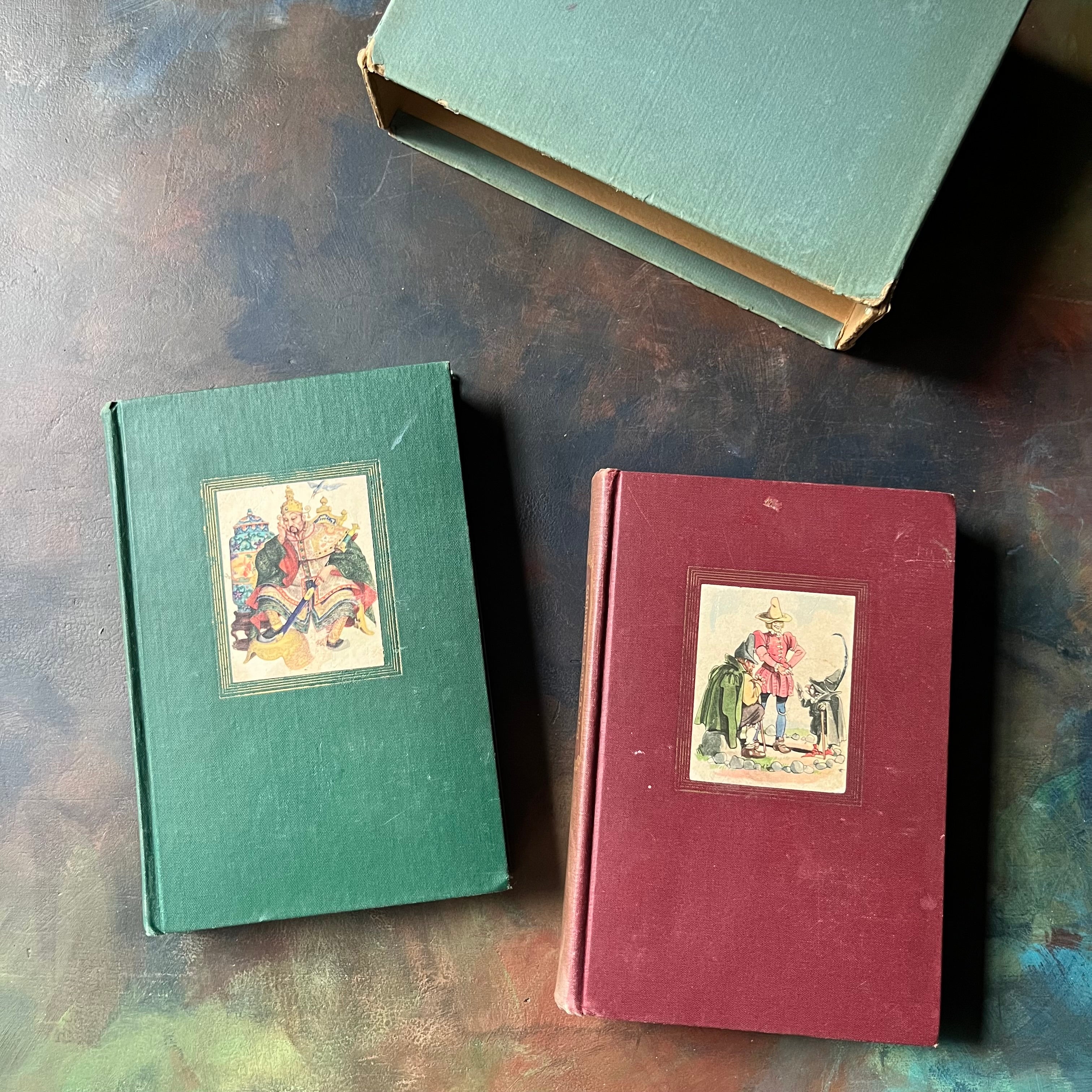 Andersen's Fairy Tales-Grimm Fairy Tales-Box Set in Sleeve-1945 Grosset & Dunlap-vintage children's fiction-antique fairy tales for sale-view of the front covers