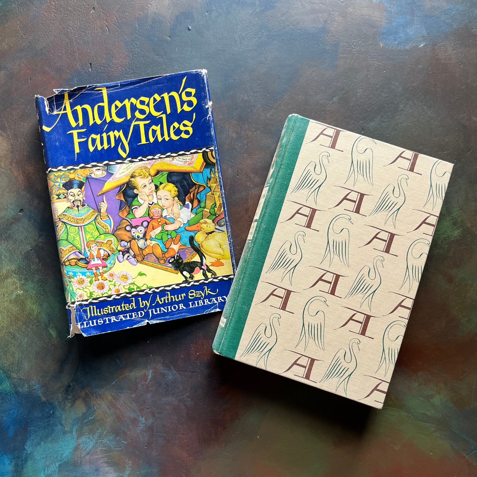 Andersen's Fairy Tales-vintage children's fairy tales & classics-Illustrated Junior Deluxe Editions-view of the front cover with an A and a bird in a repeating pattern
