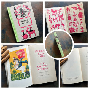 A collage of Junior Deluxe Edition books showing the cover, inside cover, spine, title page and copyright page of the book Andersen's Fairy Tales by Hans Christian Andersen - vintage children's classic literature books-collectible children's books-rainbow book spines