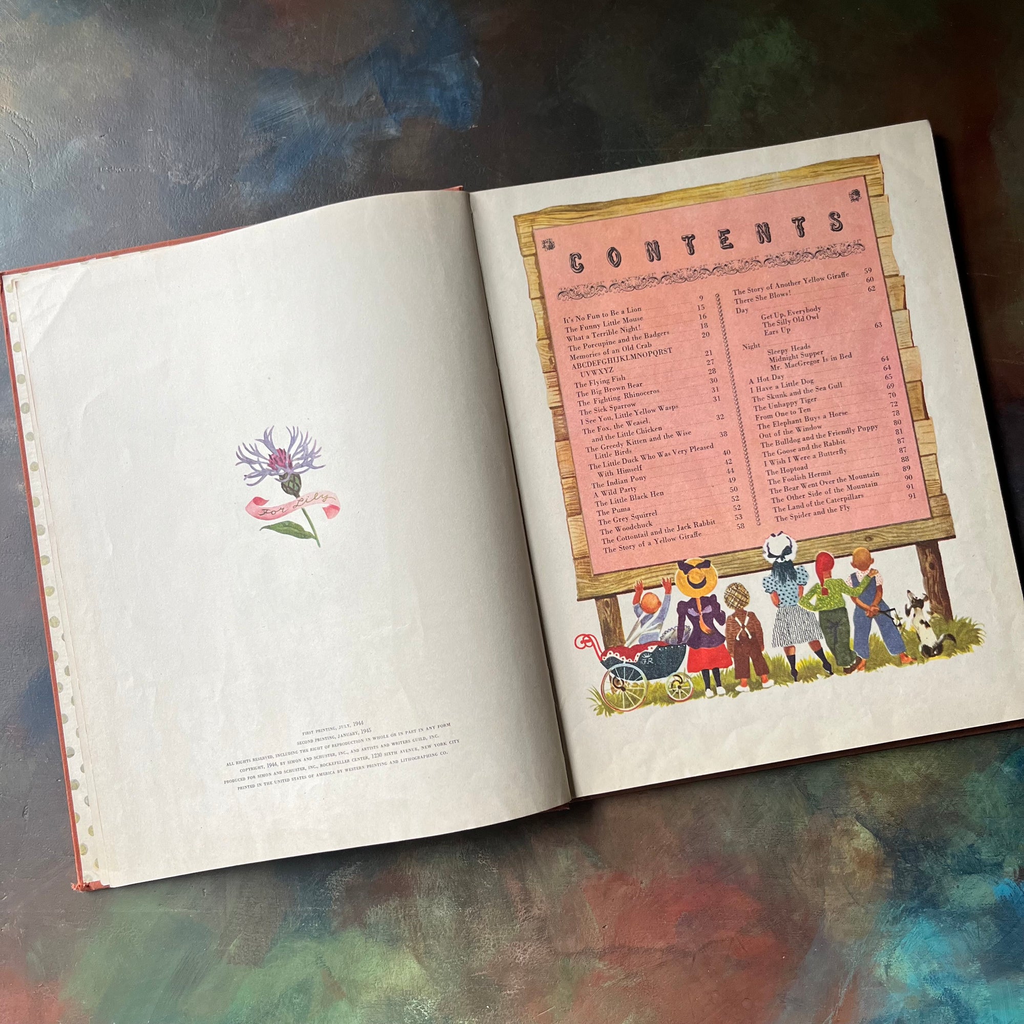 Animal Stories by Georges Duplaix with illustrations by F. Rojankovsky-1945 Second Printing-vintage children's storybook-view of the contents & copyright pages