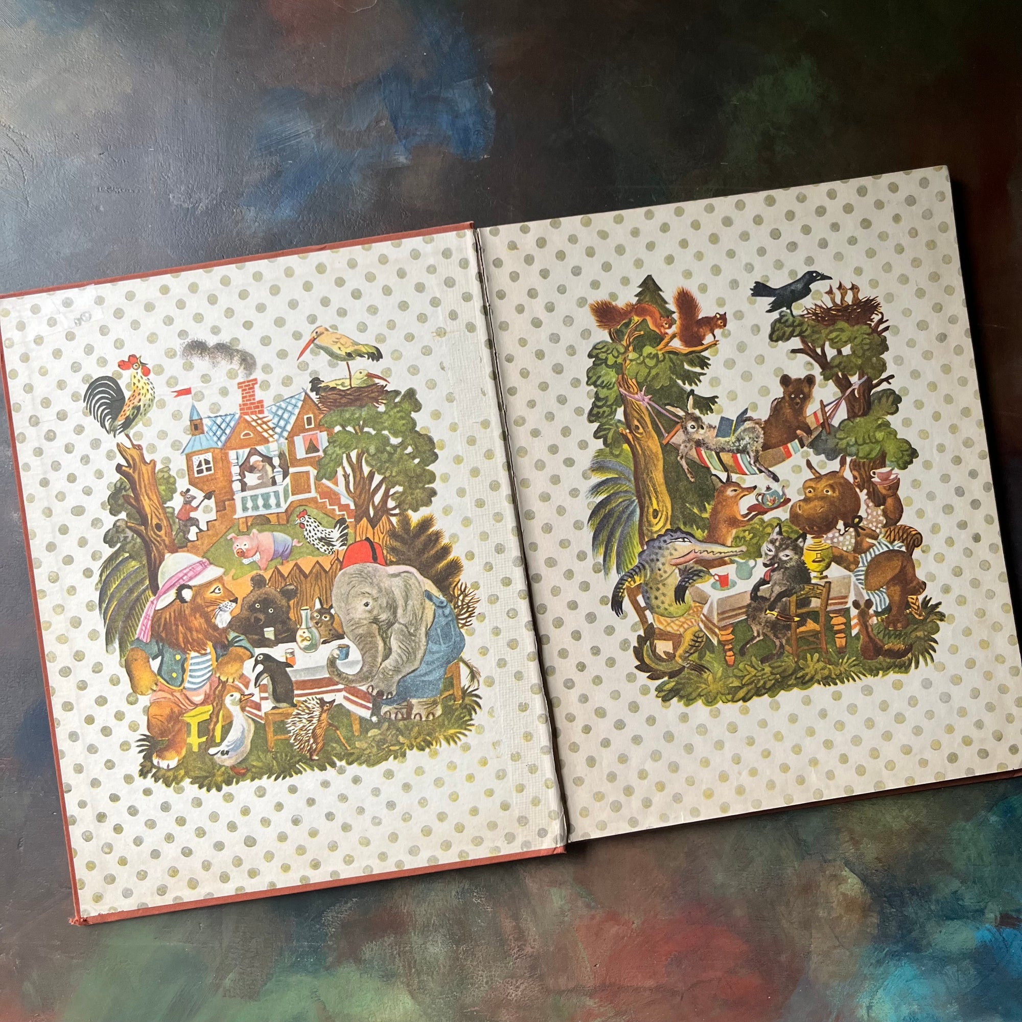 Animal Stories by Georges Duplaix with illustrations by F. Rojankovsky-1945 Second Printing-vintage children's storybook-view of the inside cover with two illustrations filled with animals