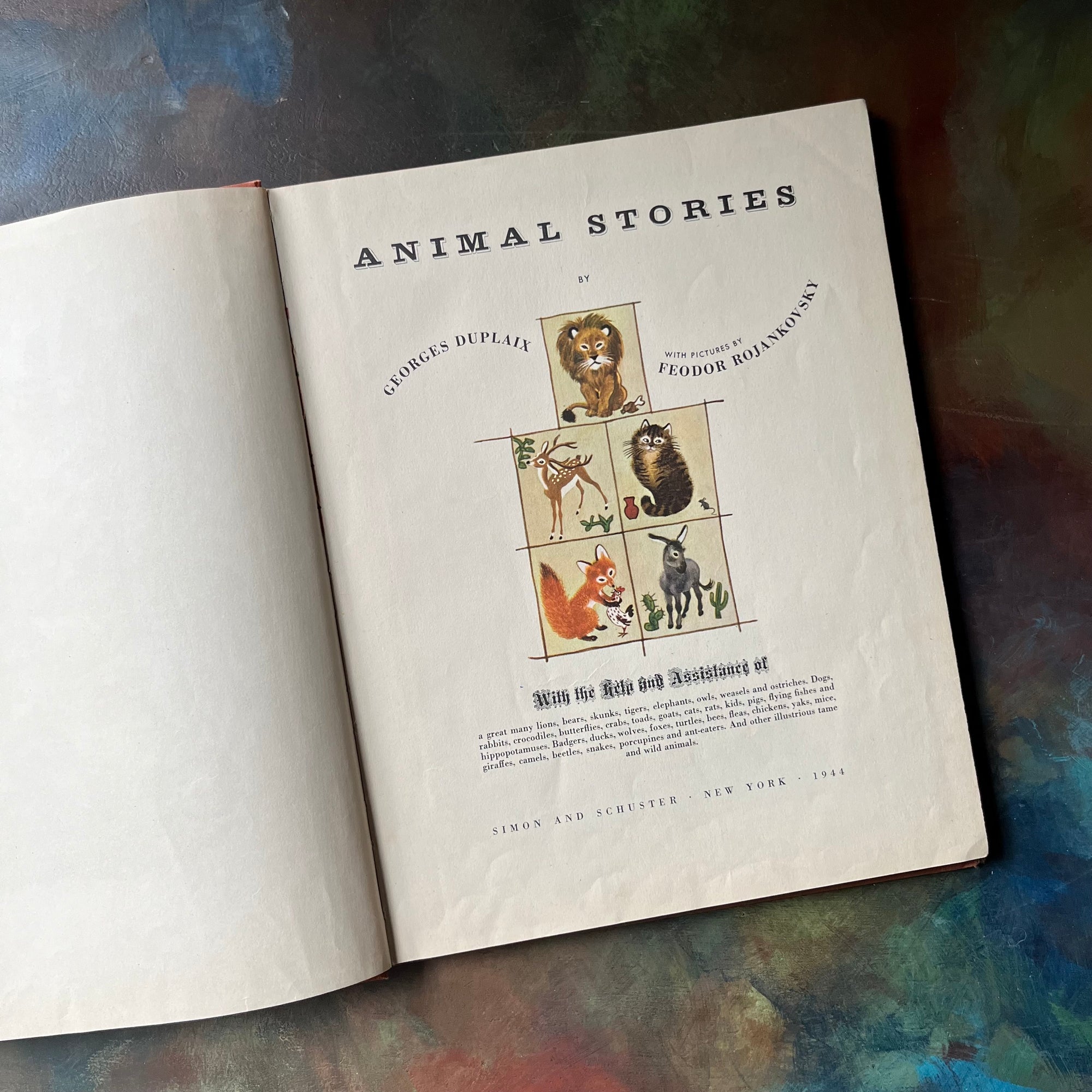 Animal Stories by Georges Duplaix with illustrations by F. Rojankovsky-1945 Second Printing-vintage children's storybook-view of the title page