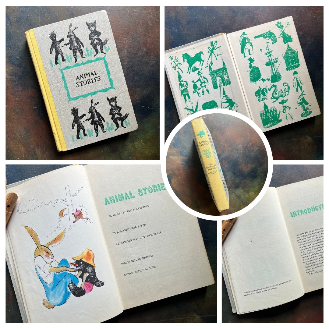 A collage of Junior Deluxe Edition books showing the cover, inside cover, spine, title page and copyright page of the book Animal Stories by Joel Chandler Harris - vintage children's classic literature books-collectible children's books-rainbow book spines