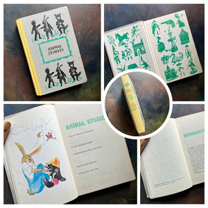 A collage of Junior Deluxe Edition books showing the cover, inside cover, spine, title page and copyright page of the book Animal Stories by Joel Chandler Harris - vintage children's classic literature books-collectible children's books-rainbow book spines