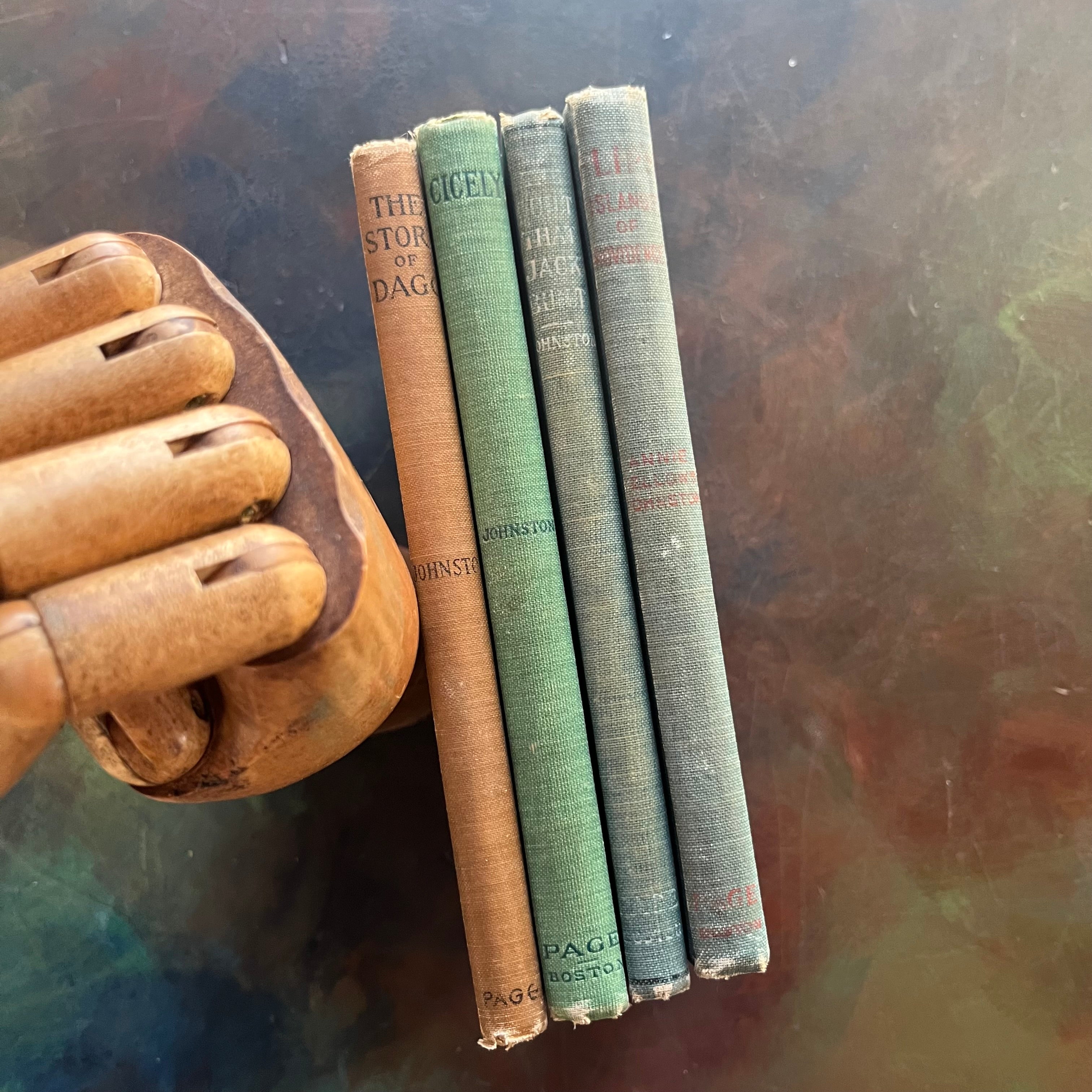 Annie Fellows Johnston book set-Flip's Islands of Providence-The Quilt that Jack Built-Cicely-The Story of Dago-The Cozy Corner Series-antique books-view of the spines