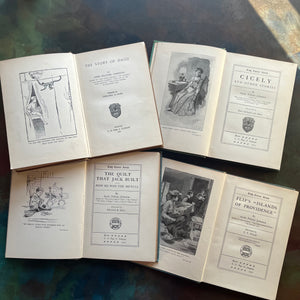 Annie Fellows Johnston book set-Flip's Islands of Providence-The Quilt that Jack Built-Cicely-The Story of Dago-The Cozy Corner Series-antique books-view of the title pages with frontispieces
