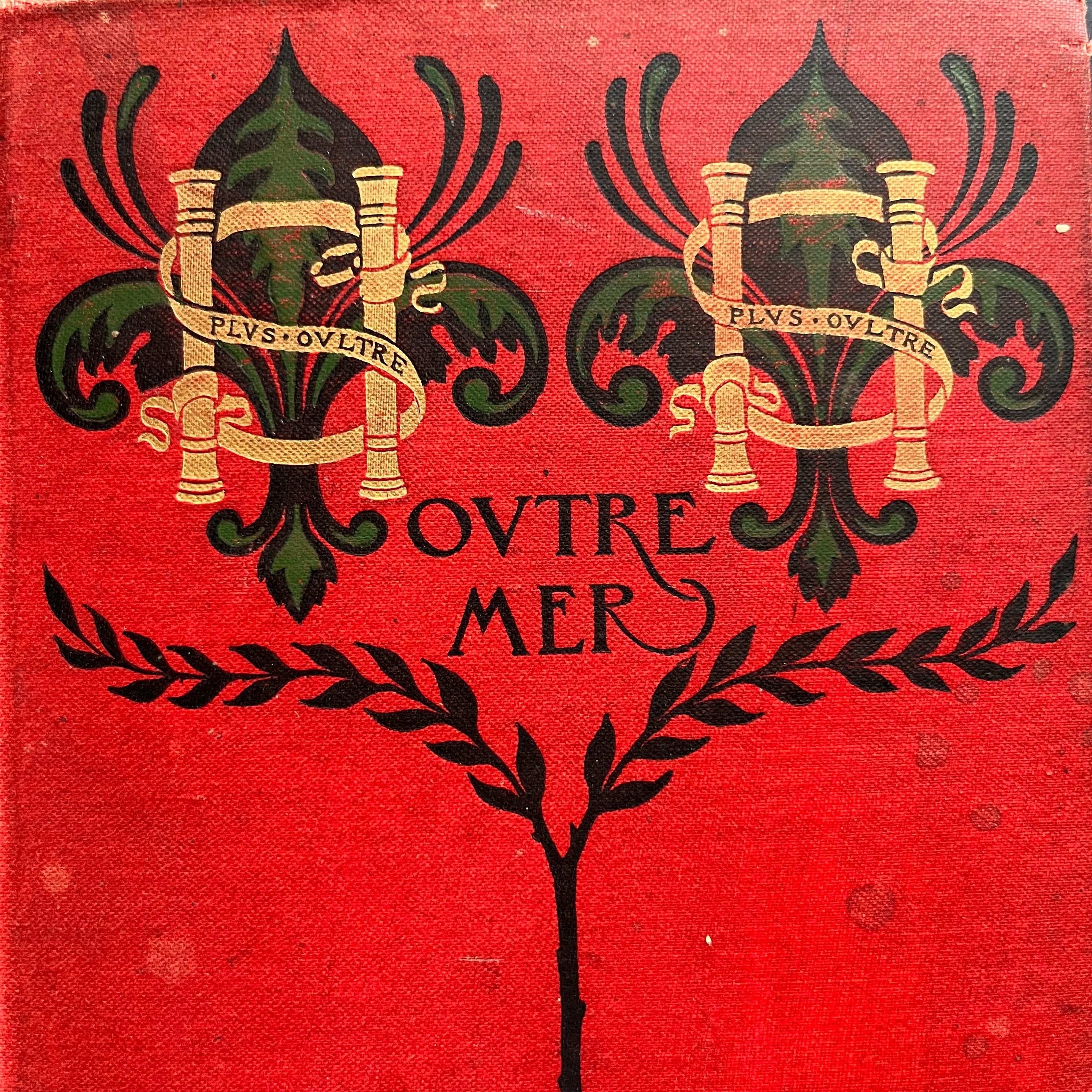 Antique Red Book with Decorative Spine & Cover-Outre-Mer written by Paul Bourget-antique novel-collectible book-closeup view of the design on the front cover