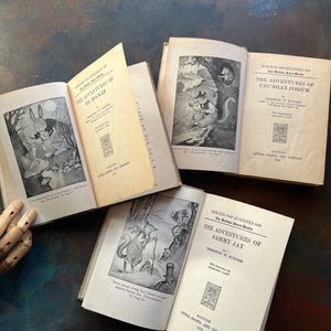 A set of three illustrated Thornton Burgess Bedtime Story-Books written by Thornton W. Burgess with illustrations by Harrison Cady-The Adventures of Sammy Jay, The Adventures of Unc' Billy Possum and the Adventures of Mr. Mocker-family favorite read-alouds-view of the title pages with frontispieces