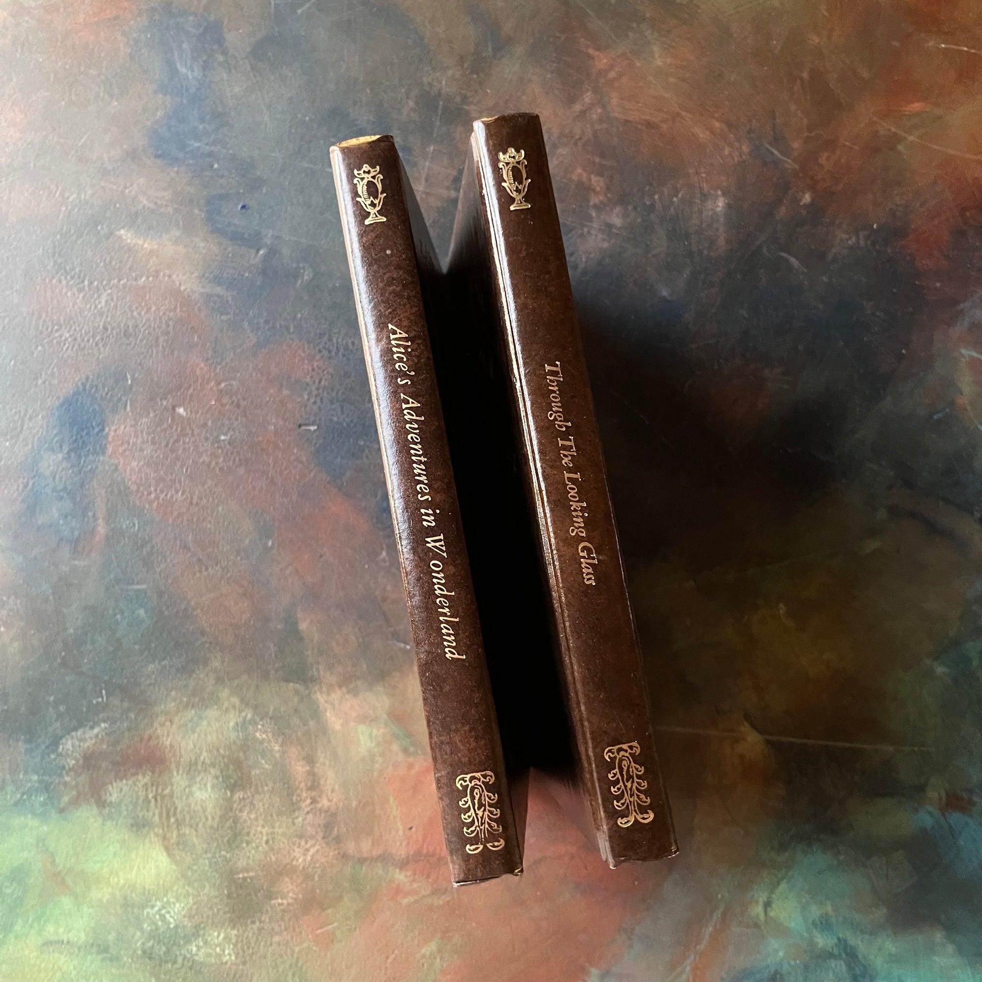 Avenal Book Set-Alice's Adventures in Wonderland-Through the Looking Glass & What Alice Found There-Lewis Carroll-vintage children's classic literature-view of the spines