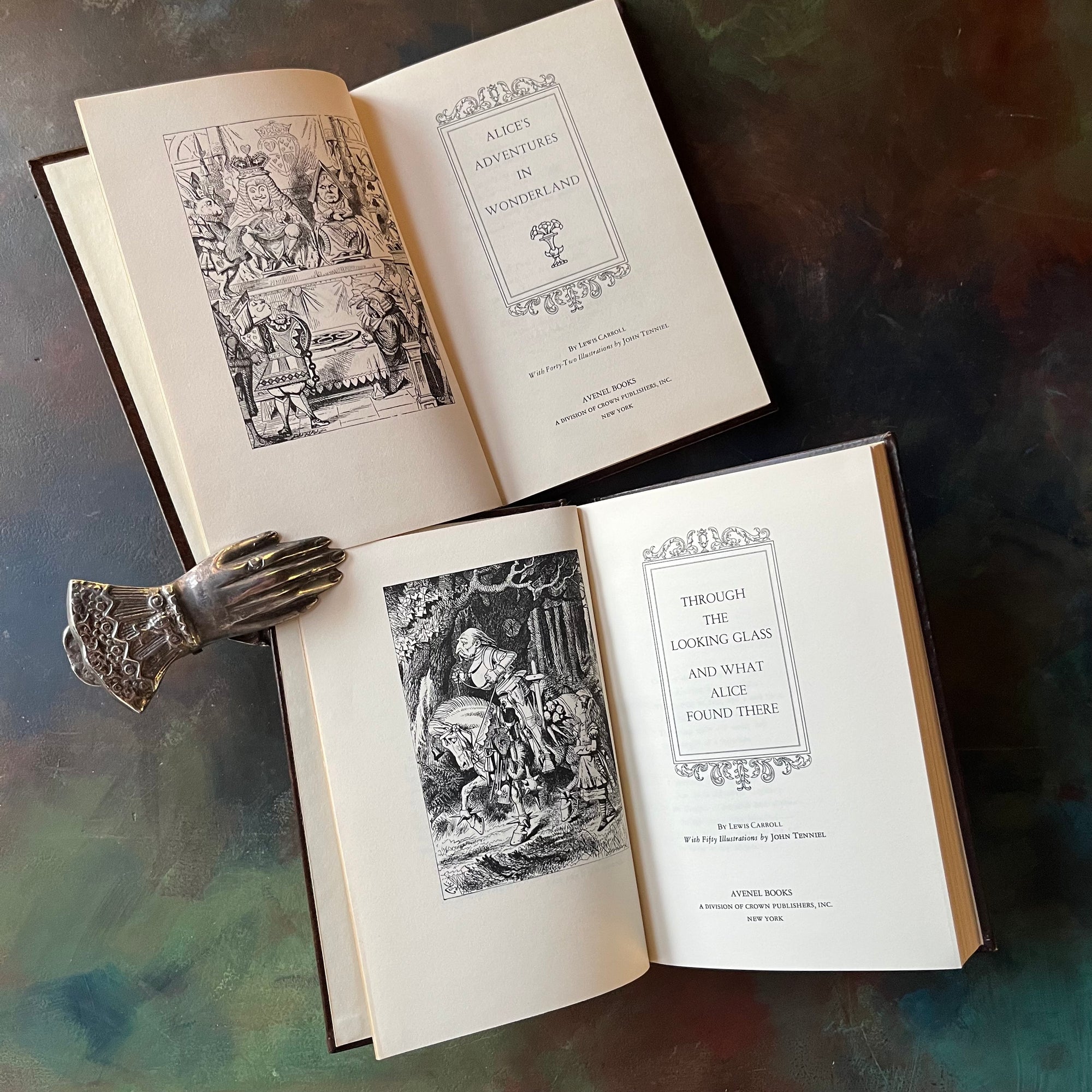 Avenal Book Set-Alice's Adventures in Wonderland-Through the Looking Glass & What Alice Found There-Lewis Carroll-vintage children's classic literature-view of the title pages