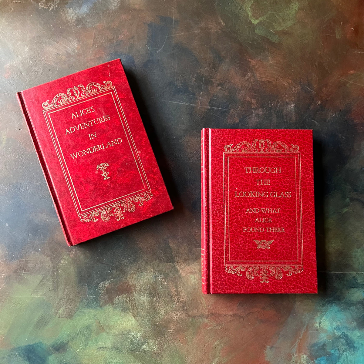 Pair of Avenal Publishers Books-Alice's Adventures in Wonderland-Through the Looking Glass & What Alice Found There-written by Lewis Carroll with illustrations by John Tenniel-vintage children's classic literature-view of the front covers