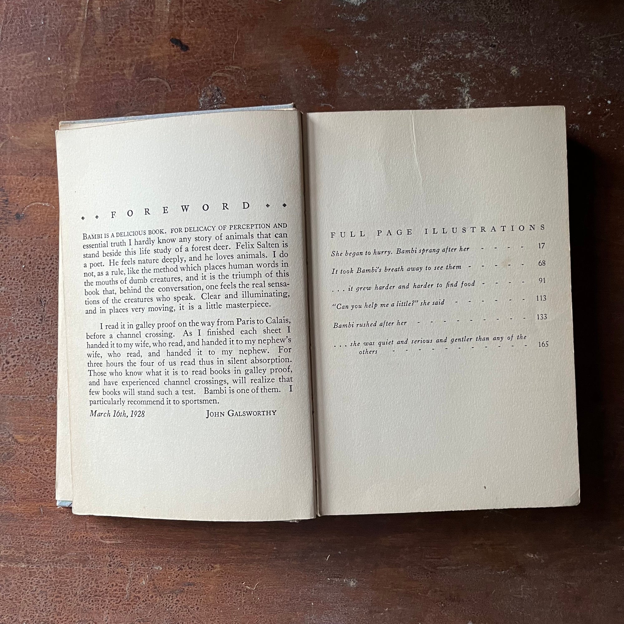 vintage children's chapter book, classic literature - Bambi written By Felix Salten with illustrations by Kurt Weise 1931 Edition - view of the foreword & list of illustrations