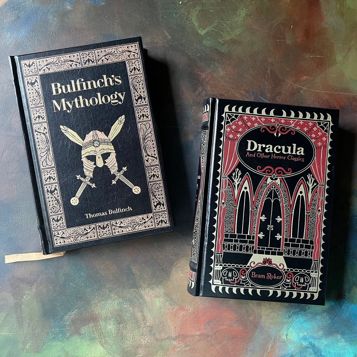 Barnes & Noble Leatherbound Book Set-Dracula & Bulfinch's Mythology-classic literature books for sale-view of the front covers