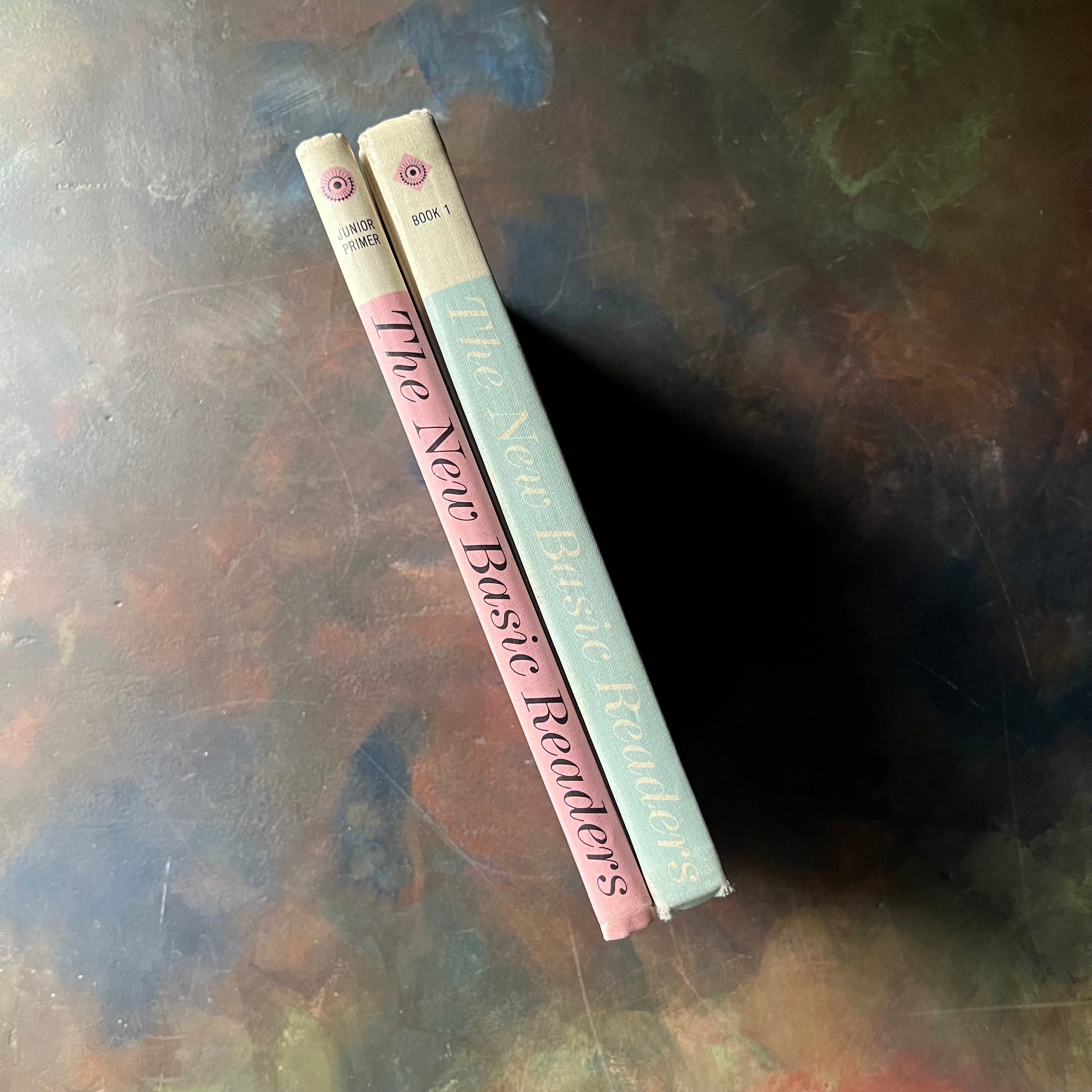 The New Basic Readers Curriculum Foundation Program Book Set-Junior Primer Guess Who-Book I More Fun with our Friends-vintage schoolbooks-vintage dick and jane books-view of the spines