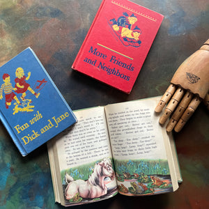 Basic Readers Curriculum Foundation Series Books-Fun with Dick and Jane-More Friends and Neighbors-Streets and Roads-vintage school books-view of the front covers