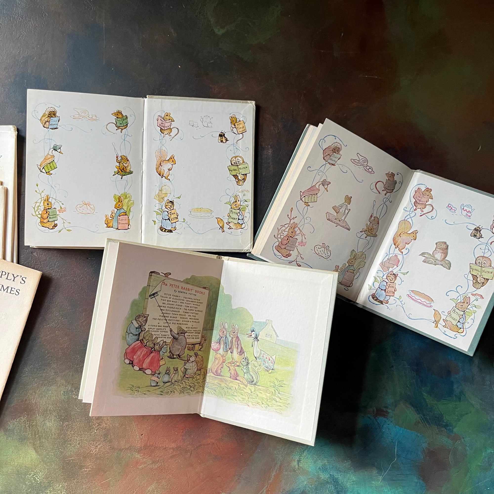 Beatrix Potter Book Set-A Tale of Benjamin Bunny-Appley Dapply's Nursery Rhymes-The Tale of Jemima Puddle Duck-vintage children's storybooks-view of the inside covers at the back of the books