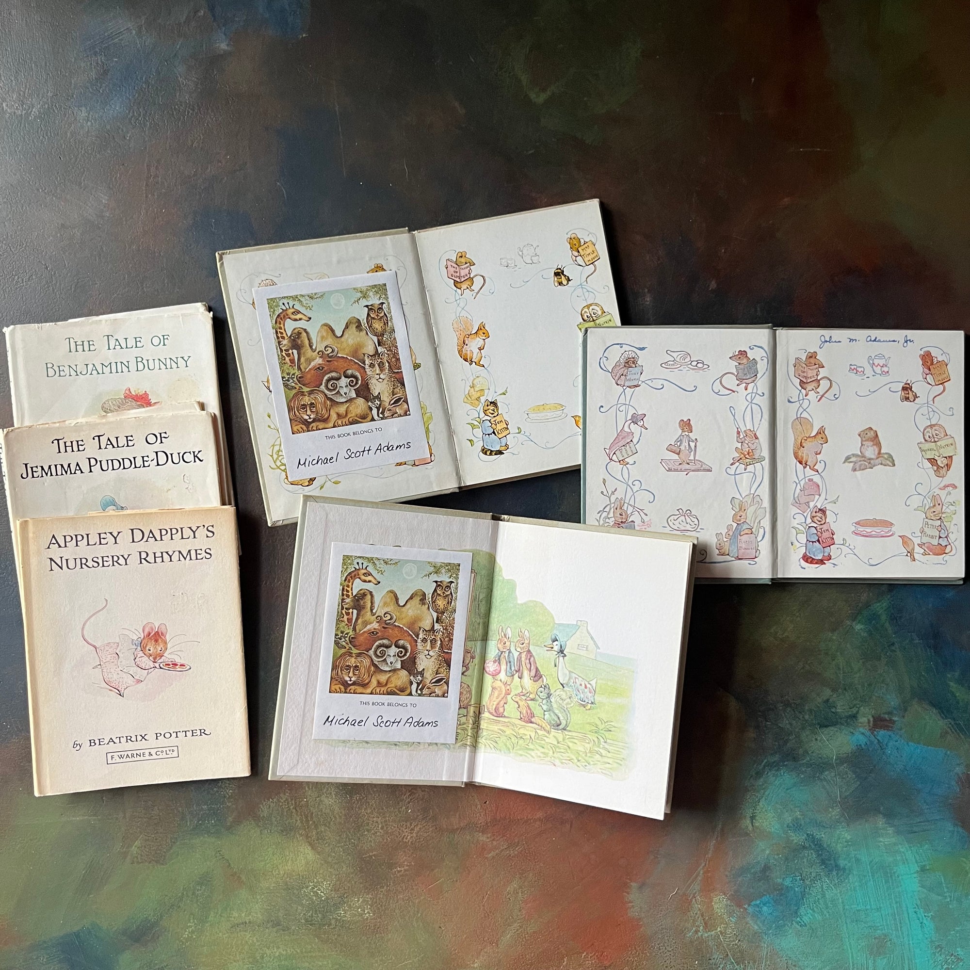 Beatrix Potter Book Set-A Tale of Benjamin Bunny-Appley Dapply's Nursery Rhymes-The Tale of Jemima Puddle Duck-vintage children's storybooks-view of the inside covers