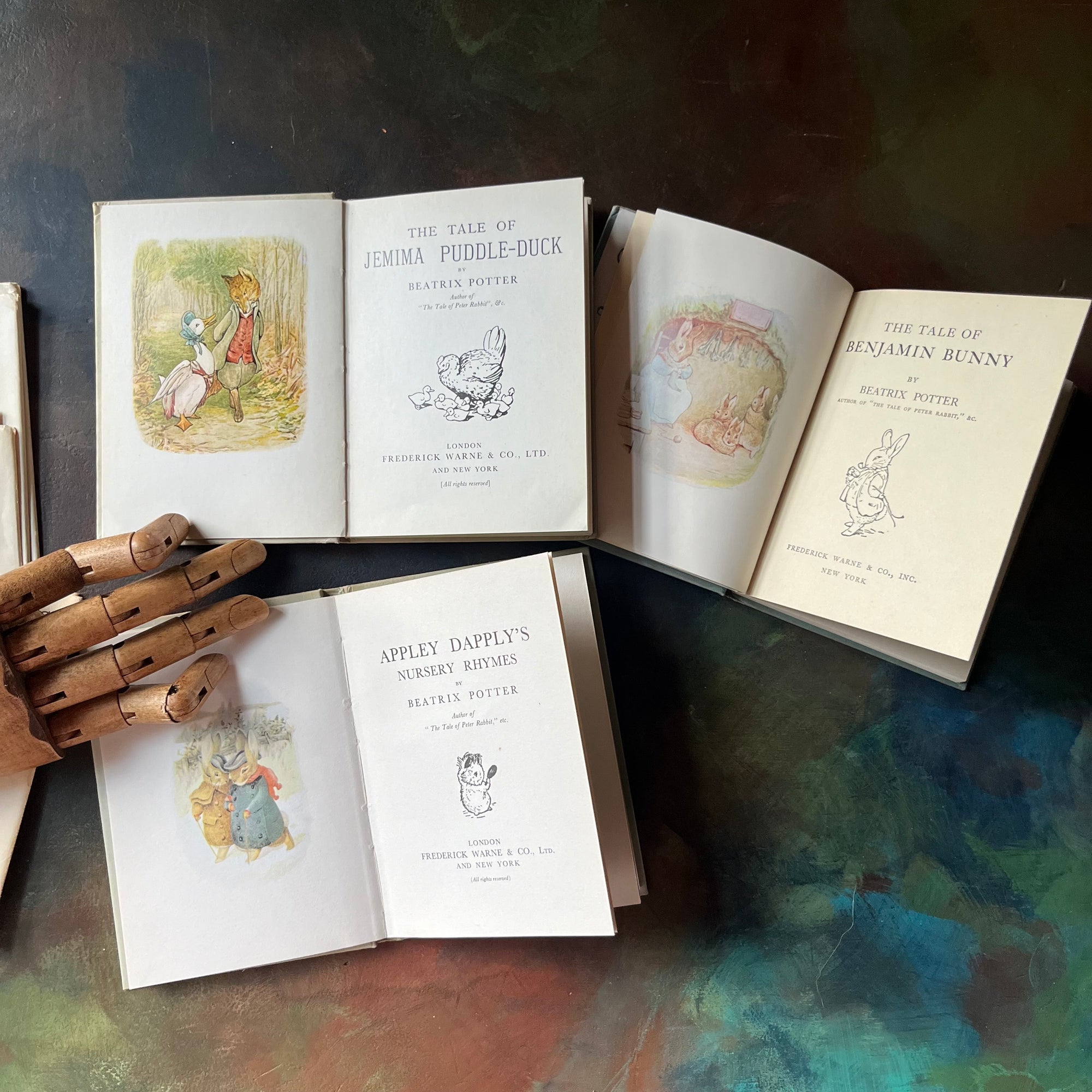 Beatrix Potter Book Set-A Tale of Benjamin Bunny-Appley Dapply's Nursery Rhymes-The Tale of Jemima Puddle Duck-vintage children's storybooks-view of the title pages