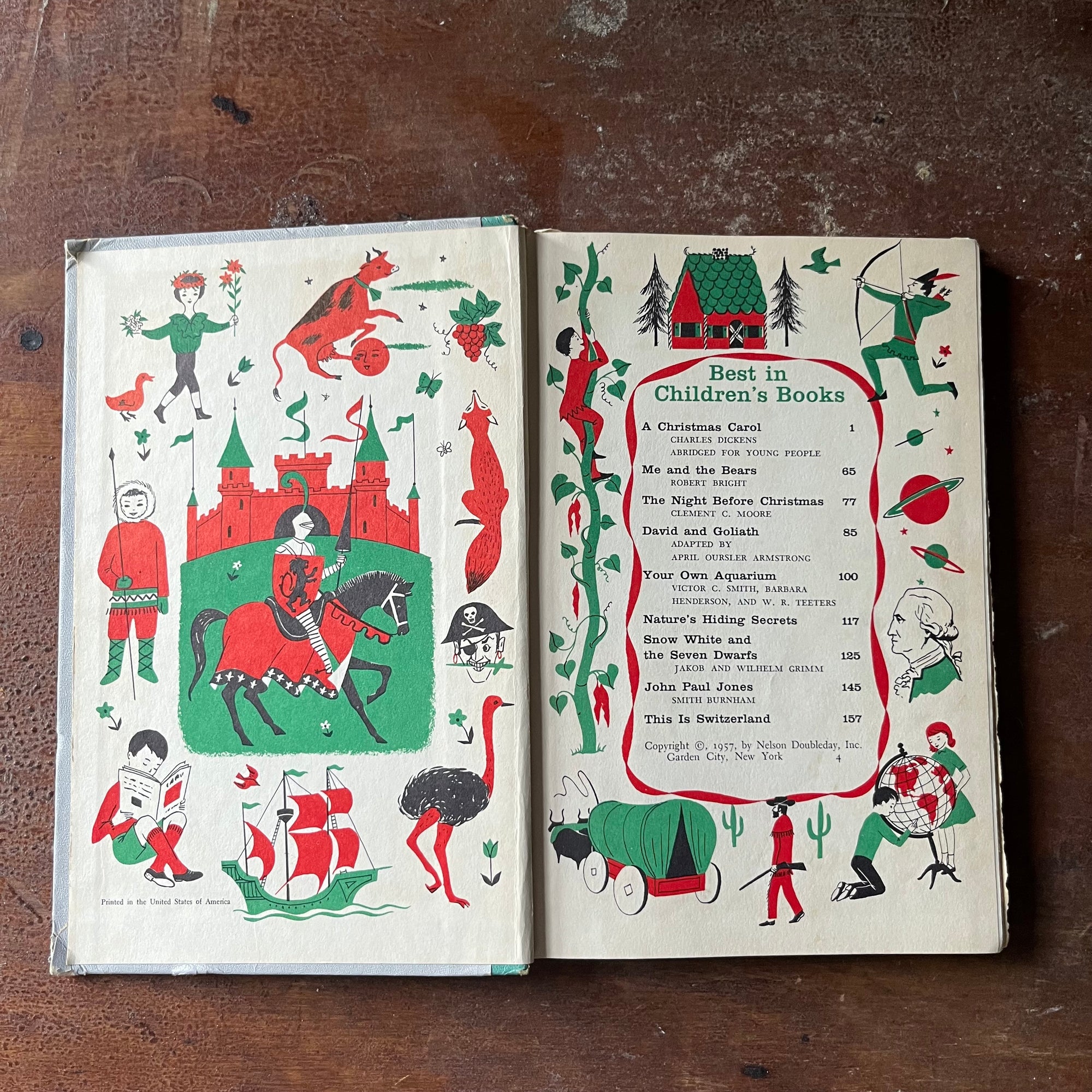 vintage children's book, children's book club book - Best in Children's Books 1957 Volume 4 - view of the inside cover & content pages