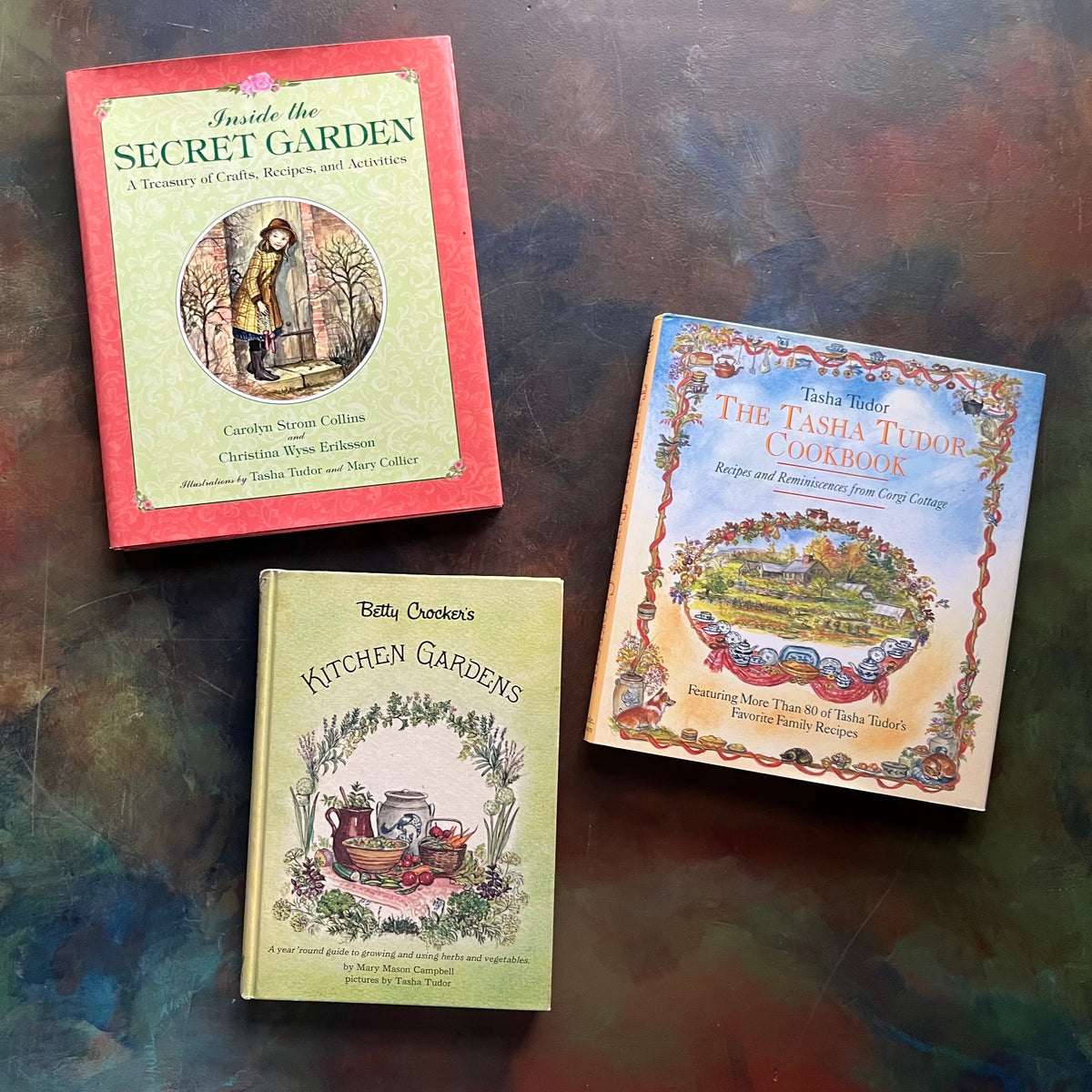 Betty Crocker's Kitchen Gardens, Inside the Secret Garden & The Tasha Tudor Cookbook-Tasha Tudor Illustrations-classic Tasha Tudor books-view of the front covers with dust jackets in place