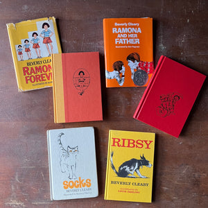 vintage children's chapter books, weekly reader children's book club books - Set of Four Books Written by Beverly Cleary:  Ramona Forever, Ramona & Her Father, Socks & Ribsy - view of the front covers