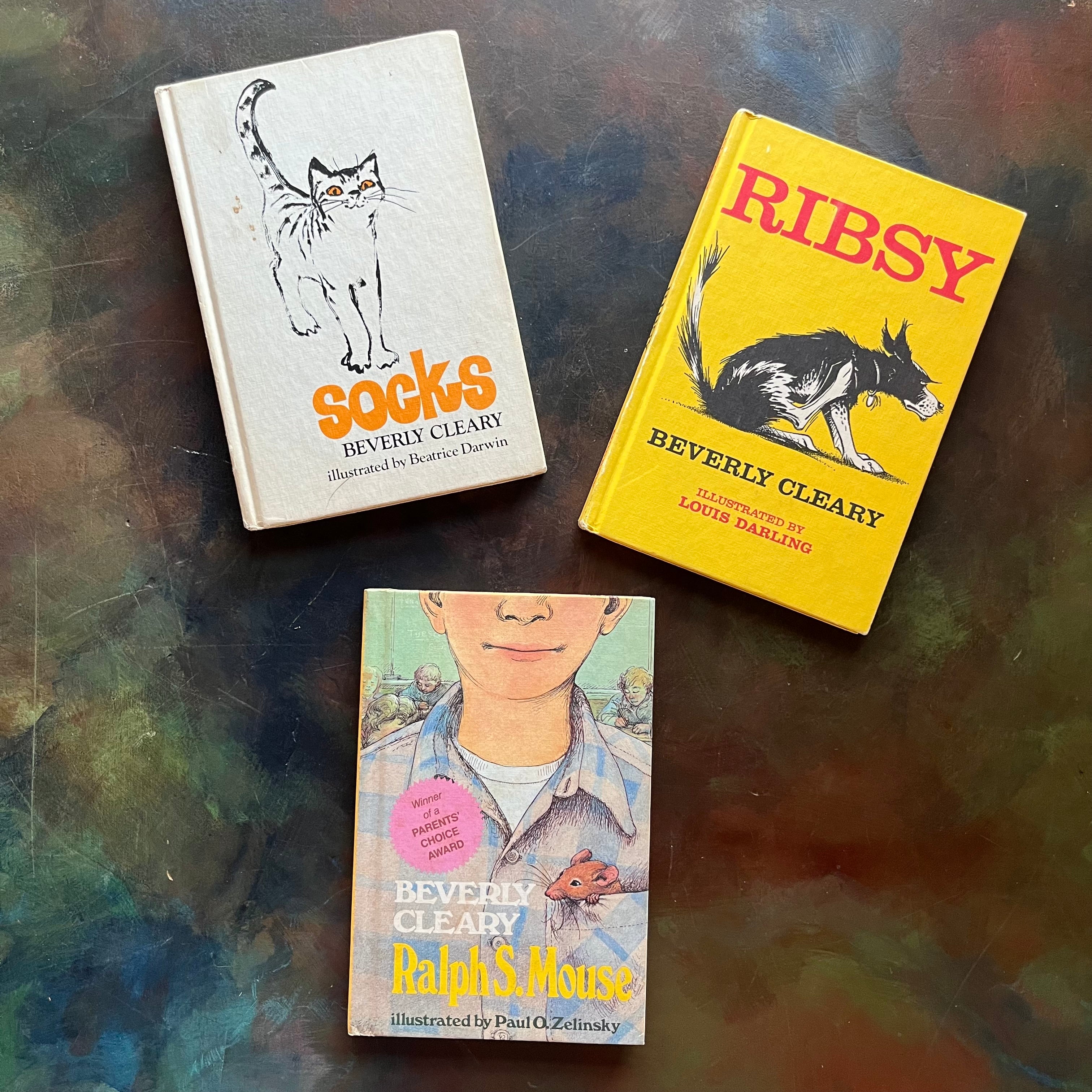 Beverly Cleary Books Set–set includes Ralph S. Mouse, Socks, and Ribsy. Vintage Children’s Early Chapter Books-read aloud favorites-view of the front covers